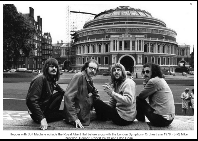 Hopper with Soft Machine outside the Royal Albert Hall before a gig with the London Symphony Orchestra in 1970: (L-R) Mike Ratledge, Hopper, Robert Wyatt and Elton Dean (12 June 2009)