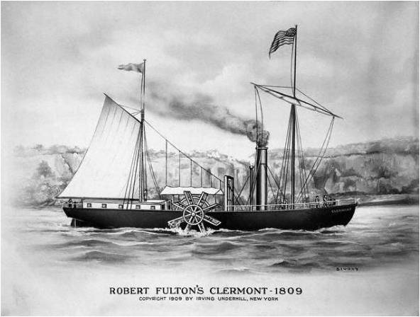 Em 1807, Robert Fulton, dos EUA, conseguira uma façanha. Seu barco de rodas Clermont foi equipado com um motor a vapor inventado por James Watt.