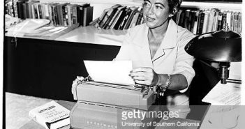 Ketti Frings, Pulitzer Prize winner for her play from Thomas Wolfe's novel, at work in her literary workshop atop her Beverly Hills home. (Photo by USC Libraries/Corbis via Getty Images)