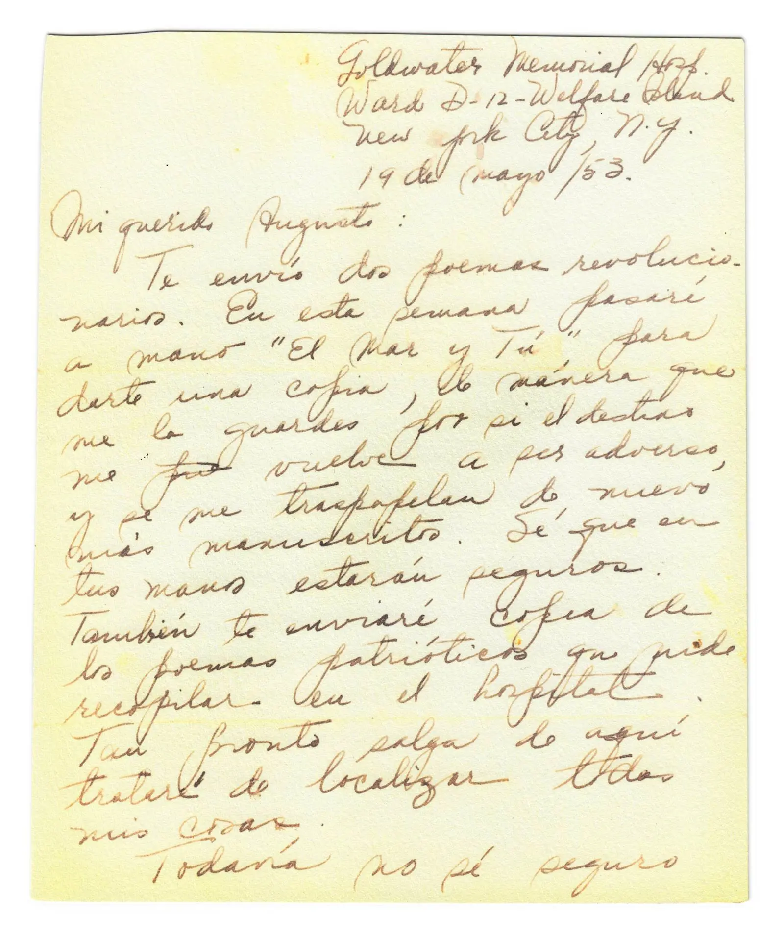 A primeira página de uma carta escrita por de Burgos do hospital onde morreu de pneumonia em julho de 1953Crédito...Coleção de Sandra Rodríguez, via Center for Puerto Rican Studies