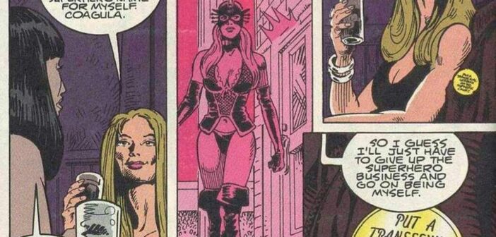 Coagula, criada por Rachel Pollack, foi a primeira super-heroína trans da DC. — Foto: Reprodução/DC Comics