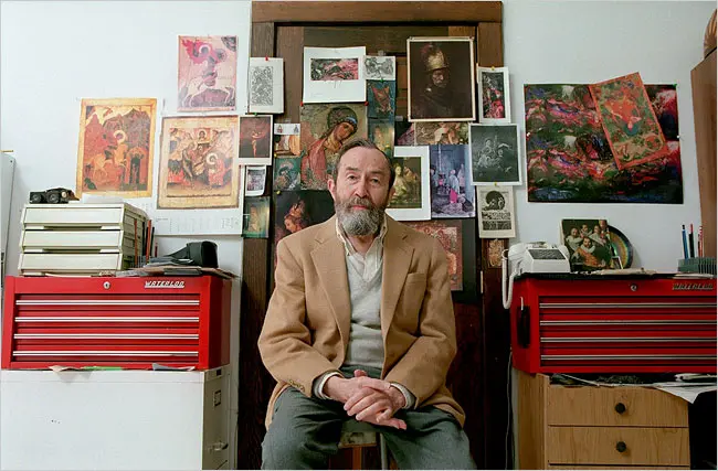 Hyman Bloom, à esquerda, em 1996, em seu estúdio, em Nashua, NH. (Crédito da fotografia: Pam Berry/The Boston Globe)