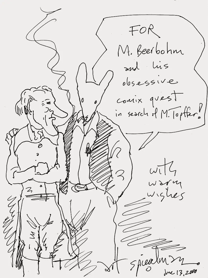 O cartunista Art Spiegelman fez um esboço em 2000 retratando-se como o personagem-título de seu livro “Maus” e o Sr. Beerbohm como Obadiah Oldbuck, o protagonista daquela que é considerada a primeira história em quadrinhos.Crédito...Art Spiegelman, todos os direitos reservados