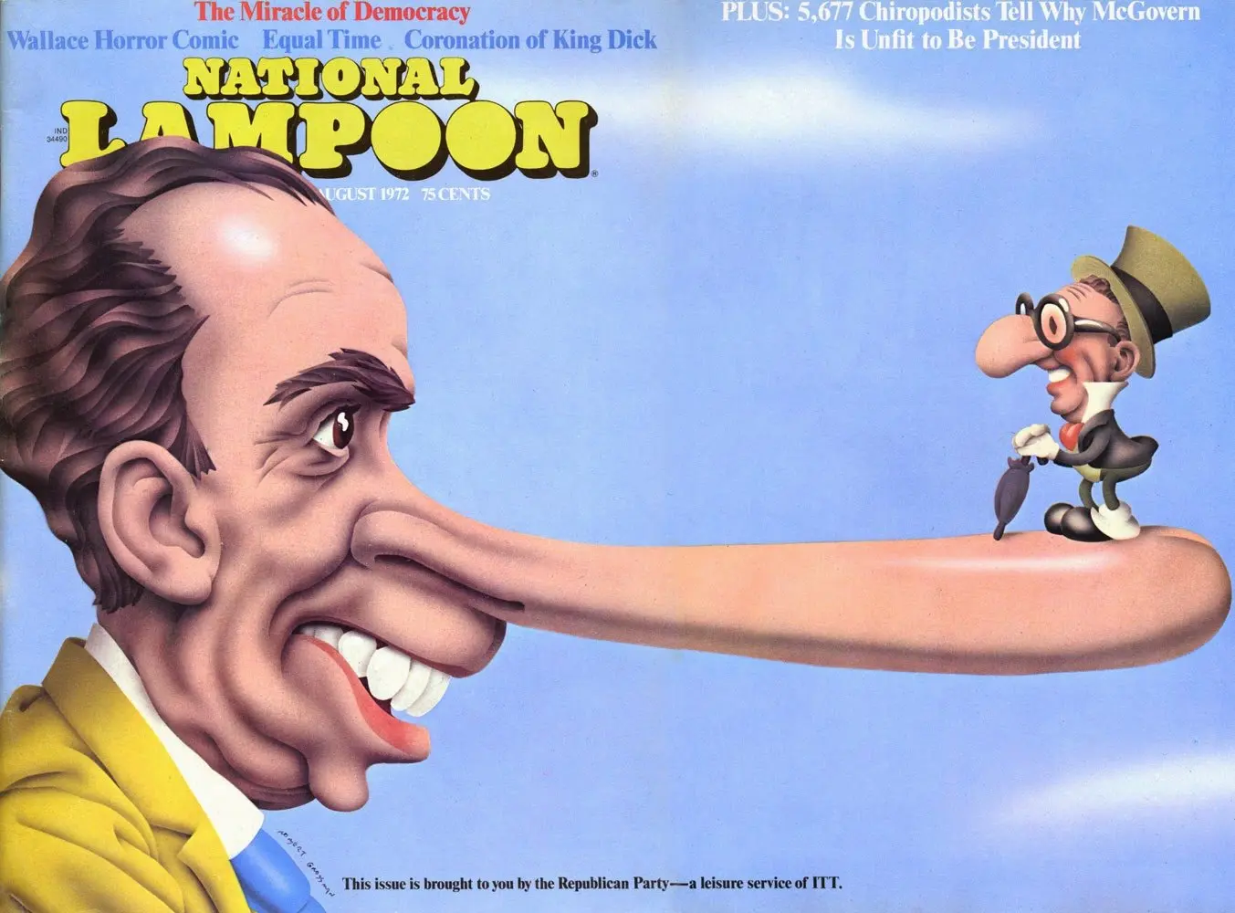 O Sr. Grossman retratou o presidente Richard M. Nixon em 1972 com um nariz que rivalizava com o de Pinóquio. Henry A. Kissinger, seu conselheiro de segurança nacional, foi retratado como Jiminy Cricket.