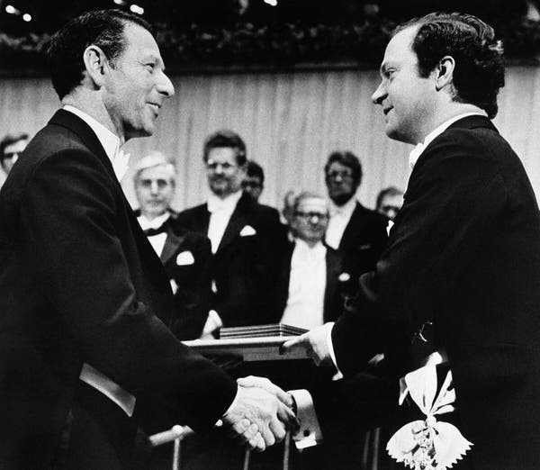 O Dr. Berg, à esquerda, recebeu o Prêmio Nobel de Química em 1980 do Rei Carl Gustaf da Suécia em Estocolmo. Depois, ele disse que, por meio de sua pesquisa, ele havia “experimentado a alegria indescritível, a euforia suprema, que acompanha a descoberta”.Crédito...Foto da piscina por Tobbe Gustavsson