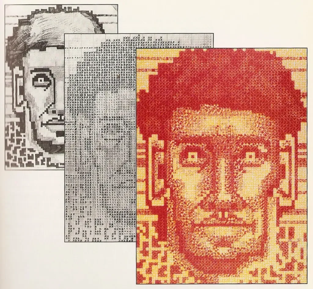 Esboço de "Head" (1968): imagem criada com caracteres alfanuméricos em papel milimetrado, finalizada com serigrafia em duas cores