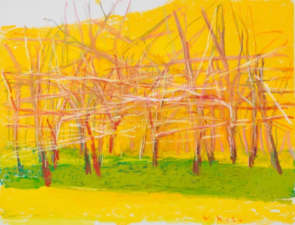 “Difícil de Entrar”, do Sr. Kahn (óleo sobre tela, 2019). “Minha escolha de cor”, disse ele, “é ditada por tato e decoro, impulsionados por um desejo profano de ser escandaloso.”Crédito...Galeria Wolf Kahn/Miles McEnery