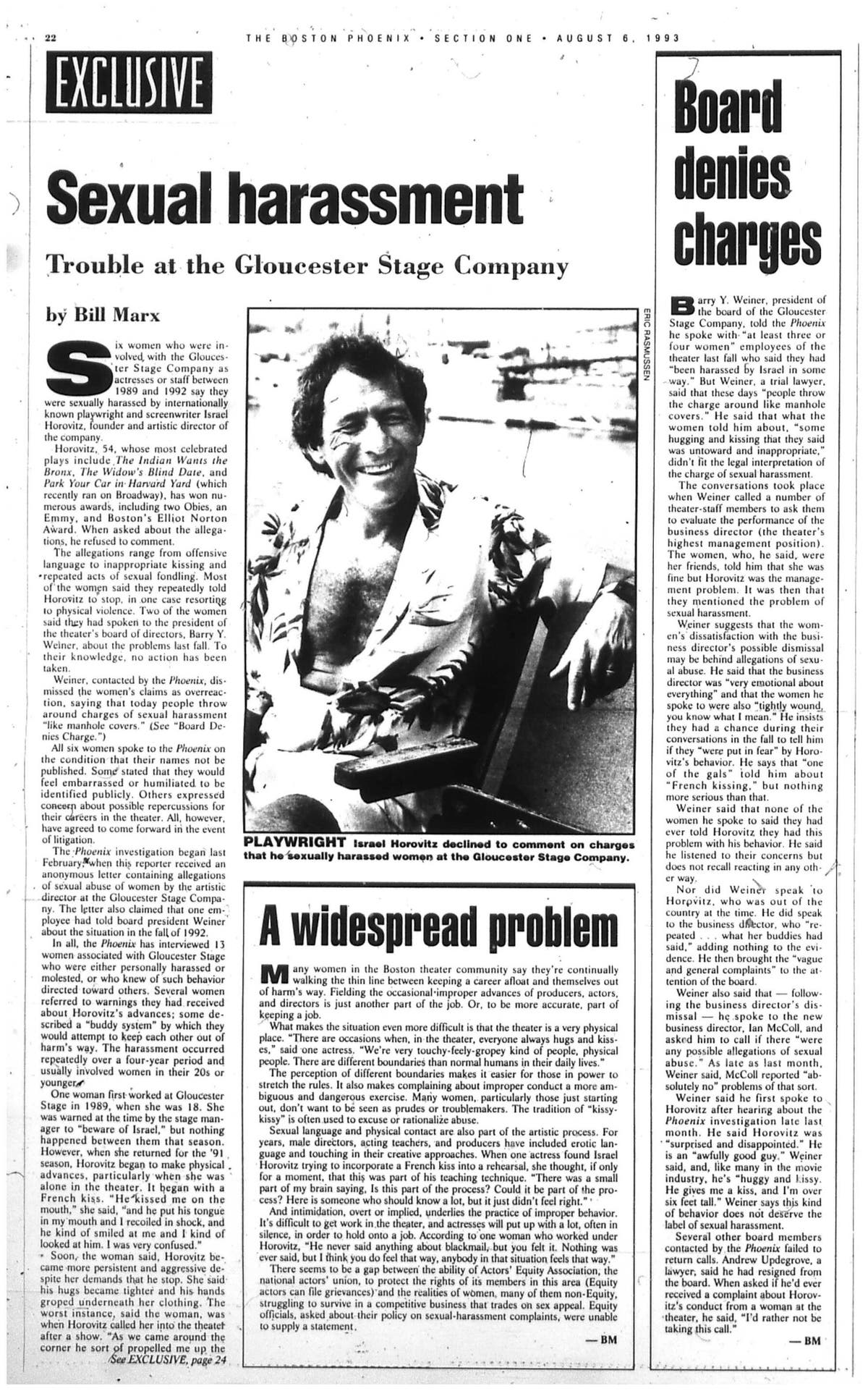 Uma reportagem de 1993 do The Boston Phoenix descreveu acusações de mulheres da Gloucester Stage Company, em Massachusetts, de que o Sr. Horovitz as havia abusado sexualmente. Ele fundou a empresa.