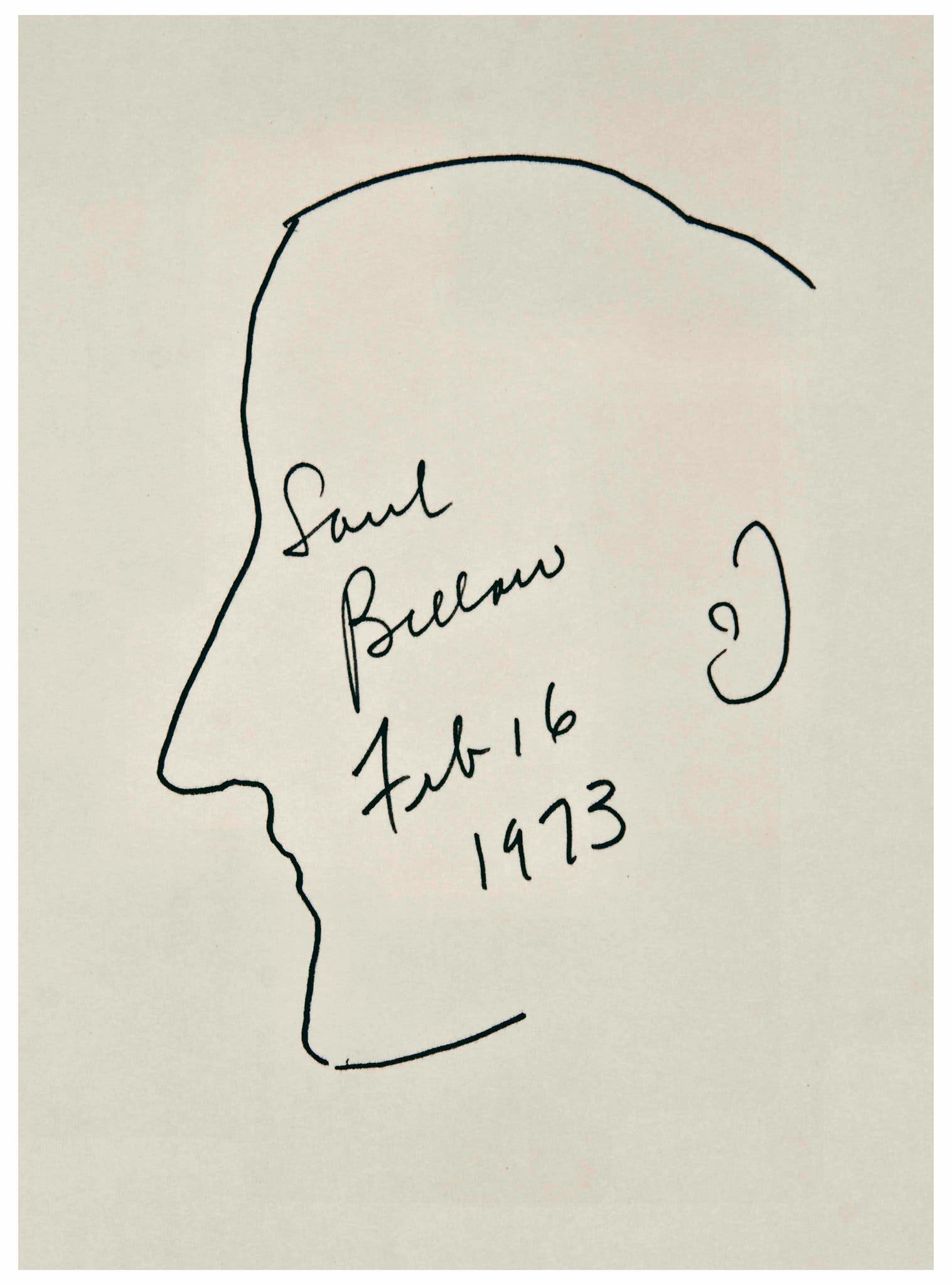 Um autorretrato de Saul Bellow, originalmente na coleção do Sr. Britton.Crédito...via leilões Bloomsbury