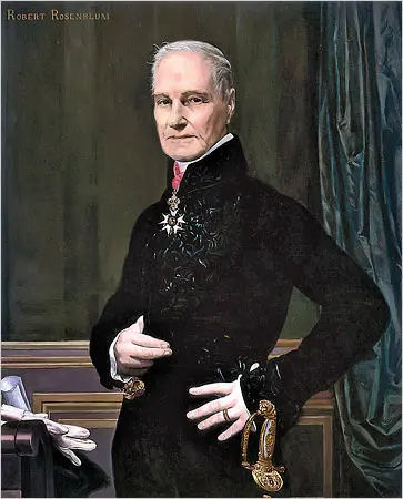 O historiador de arte Robert Rosenblum, posando como o retrato do Conde de Pastoret feito por Ingres em 1826 em uma pintura de Kathleen Gilje, parte de uma exposição de 2006 na Francis M. Naumann Fine Art. Crédito...Francis M. Naumann Belas Artes
