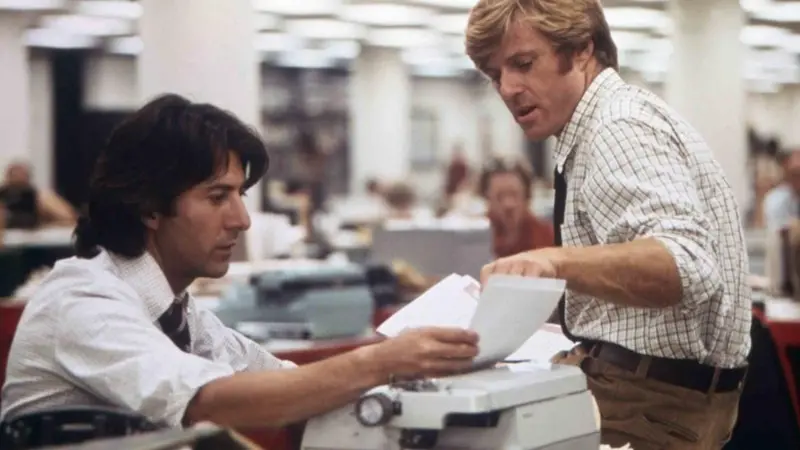 Dustin Hoffman e Robert Redford em Todos os Homens do Presidente, a história da reportagem do Washington Post sobre o escândalo de Watergate. Getty Images