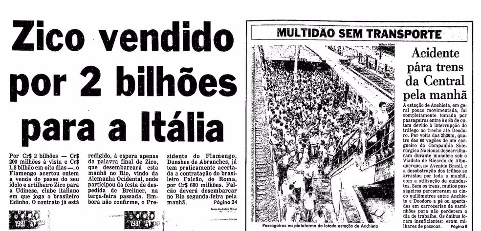 Capa do jornal O Globo no dia da venda de Zico — Foto: Acervo O Globo