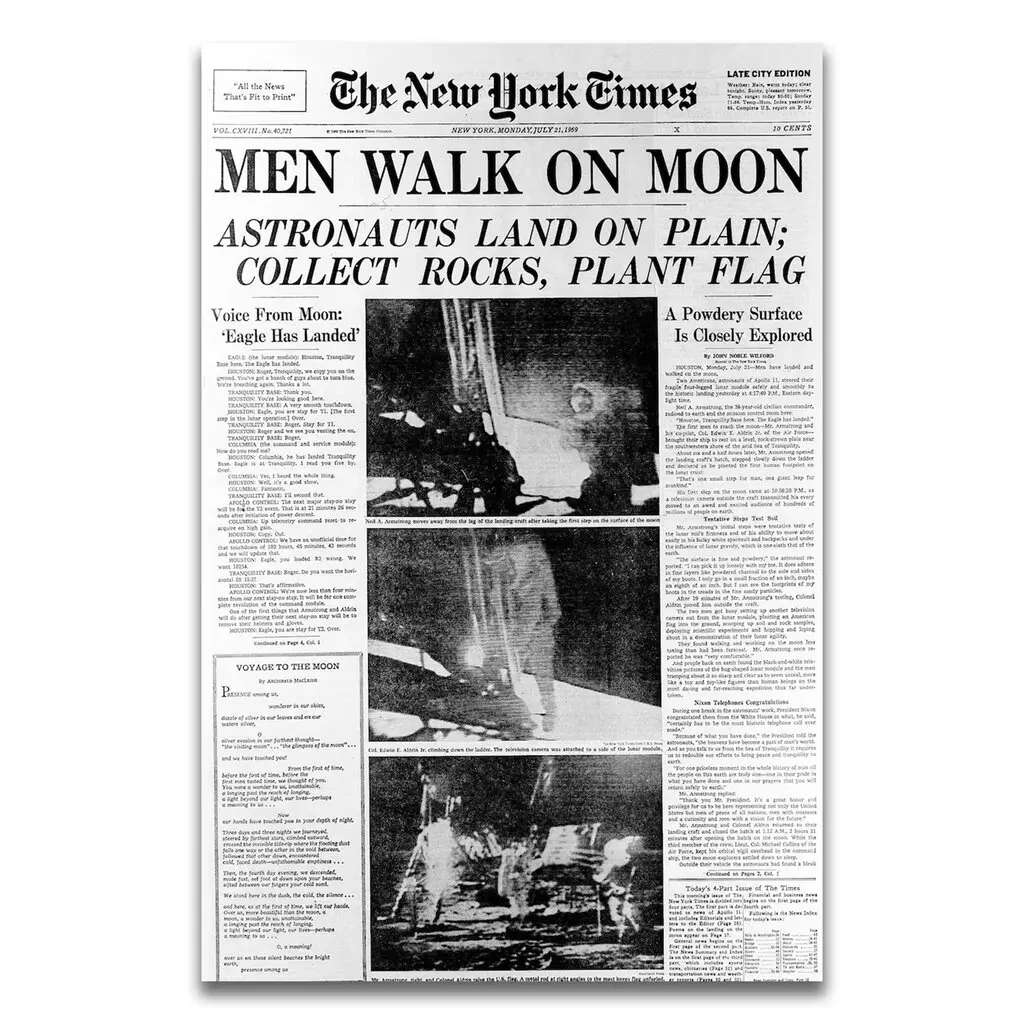 “A Lua, por muito tempo símbolo do impossível e do inacessível, estava agora ao alcance do homem”, escreveu o Sr. John Noble Wilford em seu artigo de primeira página de 21 de julho de 1969 sobre a Apollo 11, “o primeiro porto de escala nesta nova era da exploração espacial.” Crédito: The New York Times