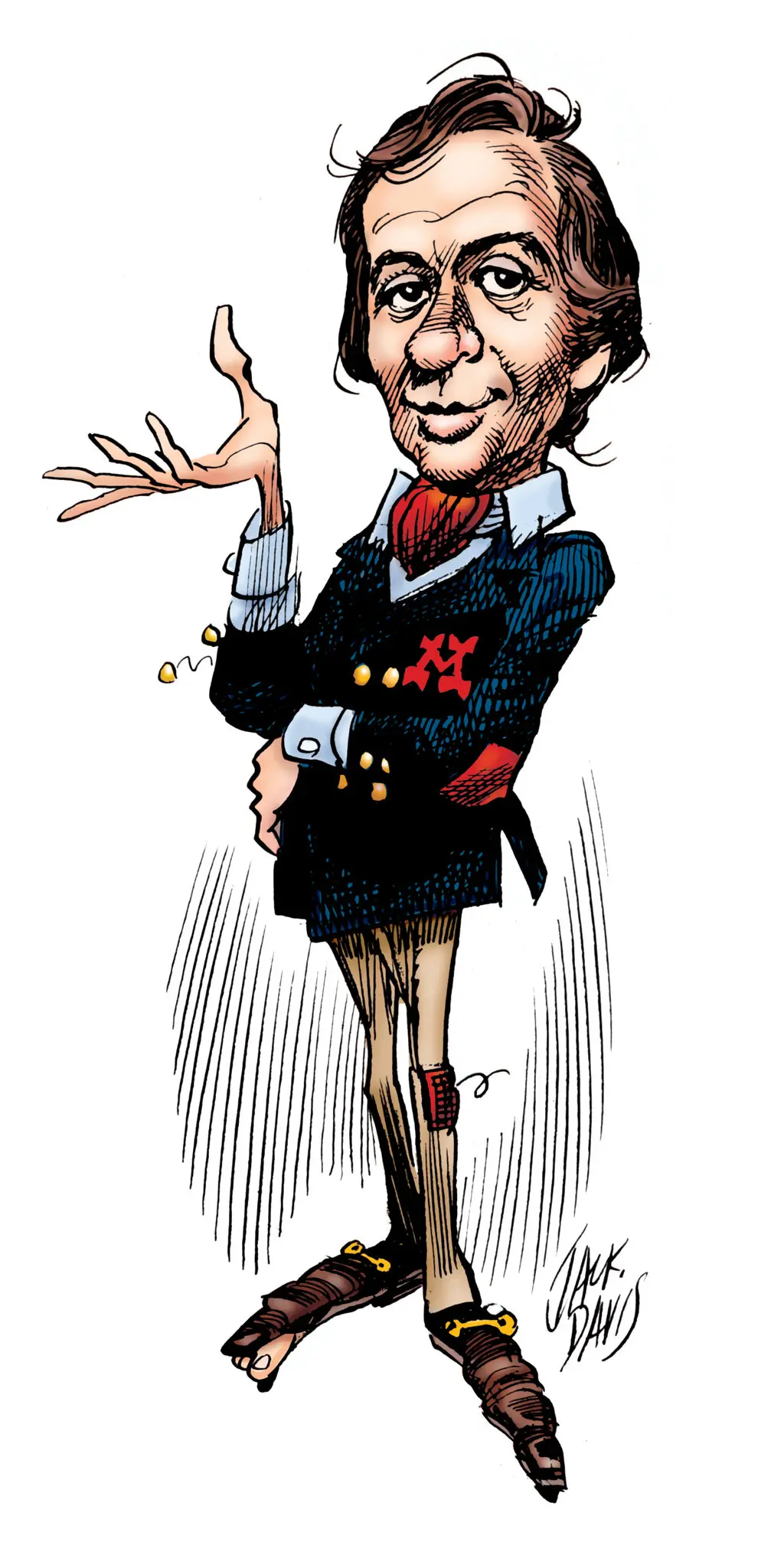 Frank Jacobs, escritor veterano da revista Mad, retratado por Jack Davis, também artista veterano da revista. Segundo um ex-colega, Jacobs foi "o melhor escritor que a Mad já teve". Crédito...Jack Davis via TM/EC Publishing