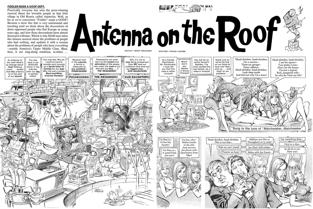 Jacobs satirizou a vida suburbana da classe média alta na paródia da revista Mad intitulada "Antenna on the Roof". (DC/MAD)
