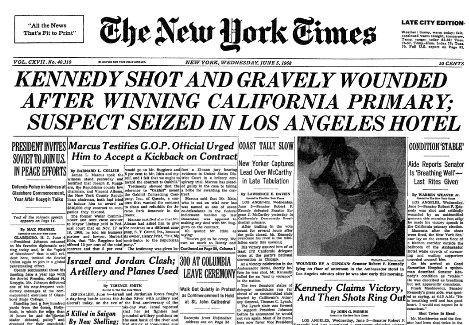 O Sr. Morris escreveu um relato em primeira mão do assassinato de Robert F. Kennedy para o The New York Times em 1968. O artigo foi publicado na primeira página com a manchete "Kennedy reivindica a vitória, e então tiros são disparados".