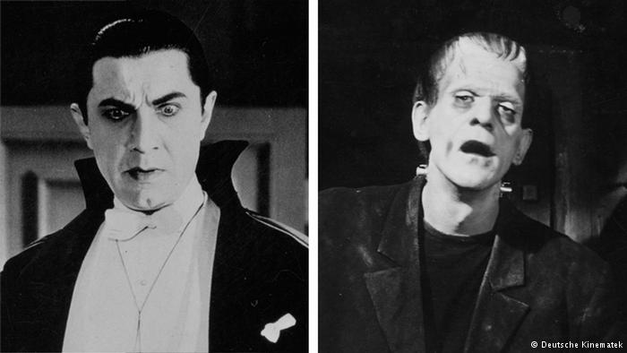 Bela Lugosi interpretando Drácula (esq.) e Boris Karloff como o monstro Frankenstein.