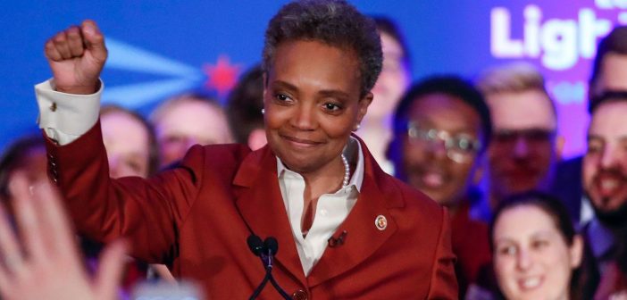 Mayor-elect Lori Lightfoot celebrates Tuesday during her election night party in Chicago.