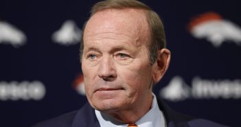 In this Jan. 5, 2011, file photo, Denver Broncos owner Pat Bowlen talks about Hall of Fame quarterback John Elway, whom he named executive vice president of football operations, during a news conference at the team's NFL football headquarters in Englewood, Colo. John Elway has a good feeling that Denver Broncos owner Pat Bowlen will join him in the Hall of Fame this weekend. (AP Photo/ Ed Andrieski, File)