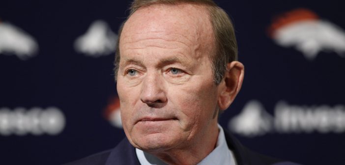 In this Jan. 5, 2011, file photo, Denver Broncos owner Pat Bowlen talks about Hall of Fame quarterback John Elway, whom he named executive vice president of football operations, during a news conference at the team's NFL football headquarters in Englewood, Colo. John Elway has a good feeling that Denver Broncos owner Pat Bowlen will join him in the Hall of Fame this weekend. (AP Photo/ Ed Andrieski, File)