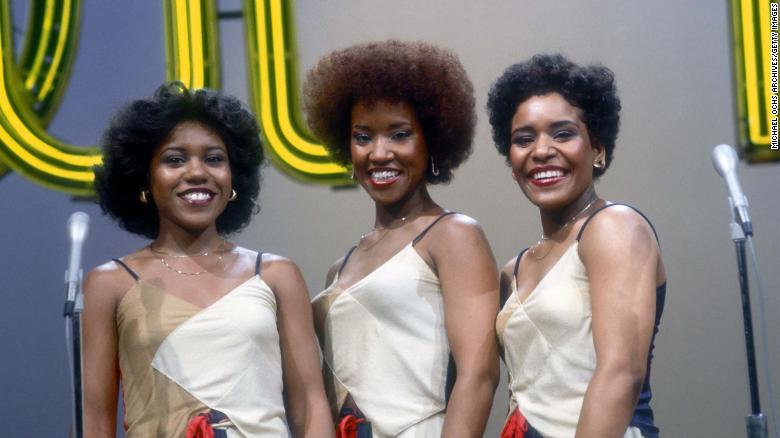 LOS ANGELES - AUGUST 1977: R and B group The Emotions (L-R Pamela Hutchinson, Wanda Hutchinson and Sheila Hutchinson) pose for a portrait on the set of the TV show 'Soul Train' in August 1977 in Los Angeles, California. (Photo by Michael Ochs Archives/Getty Images)