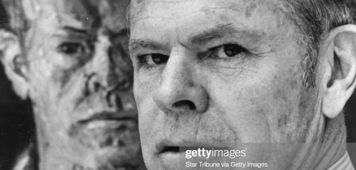 Jerome Hill stand before a self-portrait at the St. Paul Art Center, Tuesday April 27, 1965. Article with photo ran in the Tribune Wed April 28, same day as the opening of an exhibit of Hill's works at the art center. Hill is an artist, an art collector, and a filmmaker. Staff photo by Duane Braley. (Photo by DUANE BRALEY/Star Tribune via Getty Images)