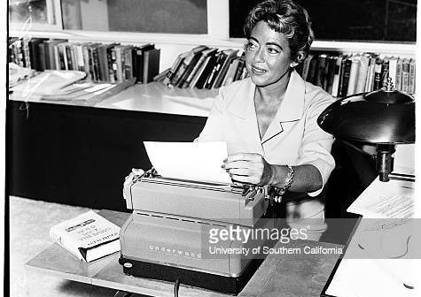 Ketti Frings, Pulitzer Prize winner for her play from Thomas Wolfe's novel, at work in her literary workshop atop her Beverly Hills home. (Photo by USC Libraries/Corbis via Getty Images)