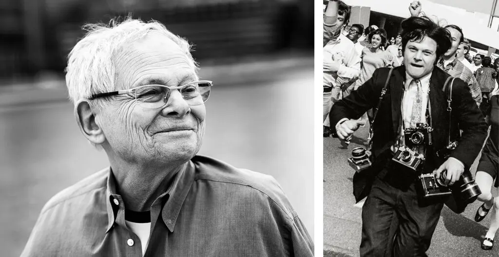 À esquerda, Steve Schapiro em 2013. Em 1968, à direita, ele viajou com a campanha de Robert F. Kennedy.Crédito...À esquerda, Jason Marck; direito cortesia da FaheyKlein Gallery, Los Angeles