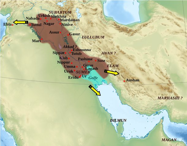 Mapa mostrando a extensão do império de Acádia. (Fonte: Wikimedia Commons)