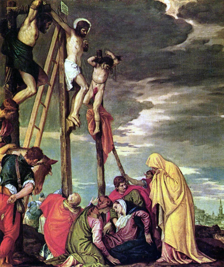 Jesus crucificado entre os ladrões, em pintura de Veronese, século 16. Tradicionalmente, o bom ladrão é o que está à direita de Jesus © Domínio Público