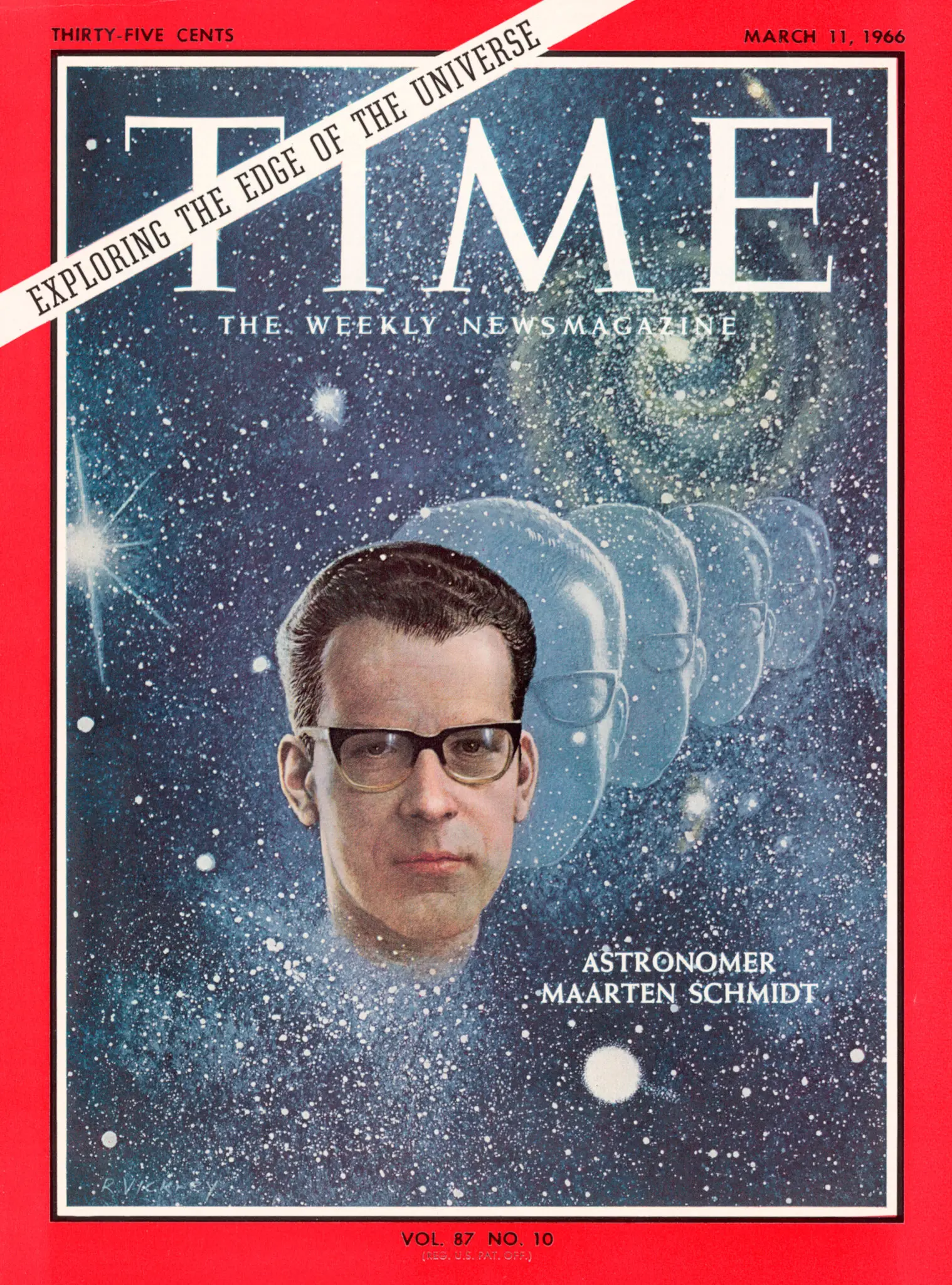 Em 1966, a revista Time colocou o Dr. Schmidt na capa, comparando-o a Galileu ao elogiar a descoberta de um quasar. (Crédito da fotografia:   Tempo Inc.)