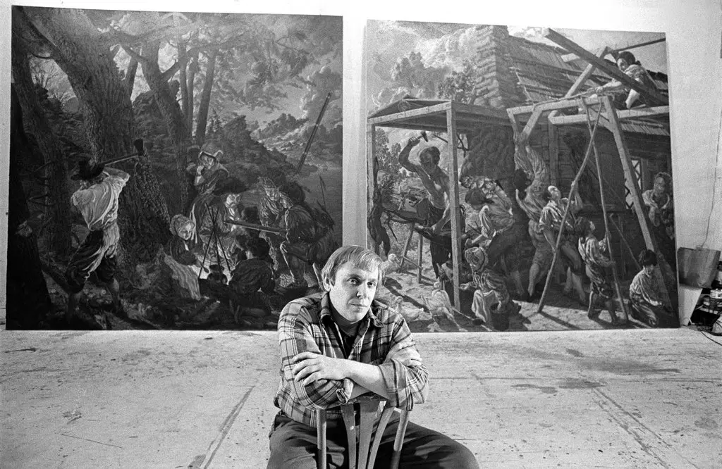 Jack Beal em 1977 com parte de seu mural “A História do Trabalho”, instalado no Departamento do Trabalho em Washington.Crédito...Paul Hosefros/The New York Times