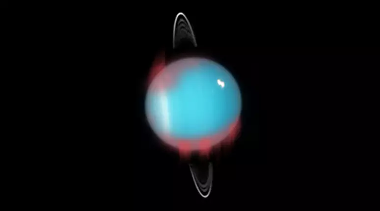 Representação de onde as auroras no infravermelho ocorrem em Urano (Imagem: Reprodução/NASA, ESA and M. Showalter (SETI Institute) (Foto: Canaltech) Urano tem auroras brilhantes no ultravioleta