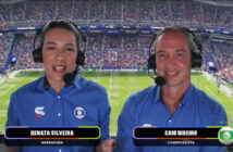 Renata Silveira e Caio Ribeiro no Lumen Field, em Seattle. (Foto: Reprodução TV Globo)